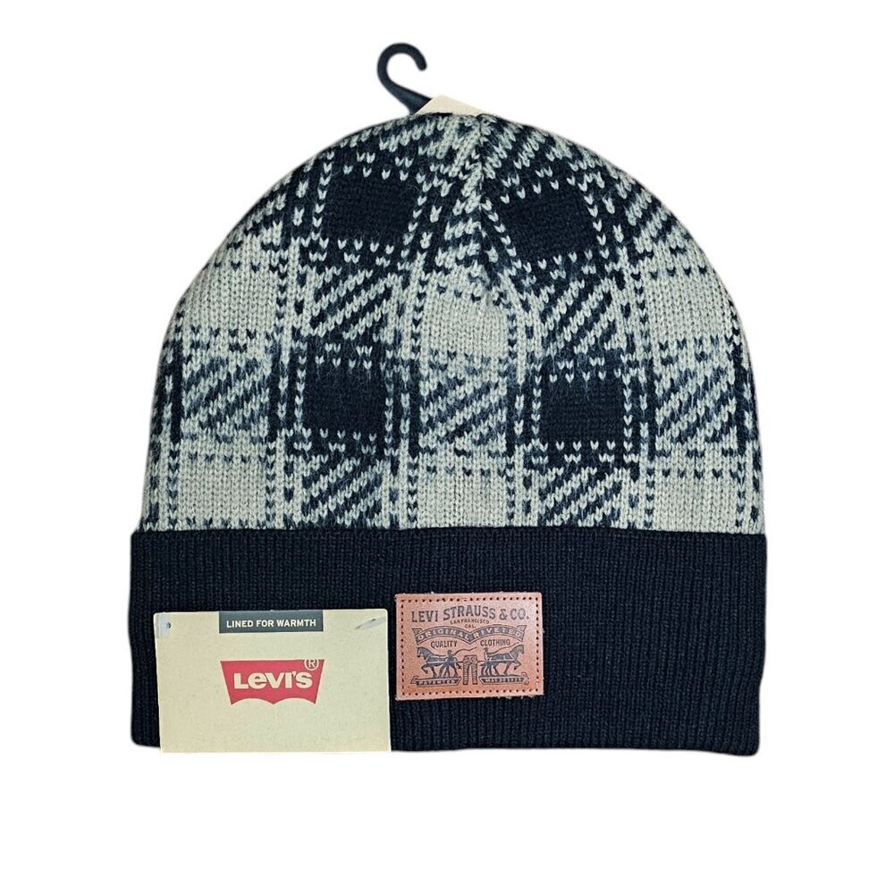 Levi's Men's Leather Logo Patch Brushed Plaid Knit New Lined Beanie Hat
